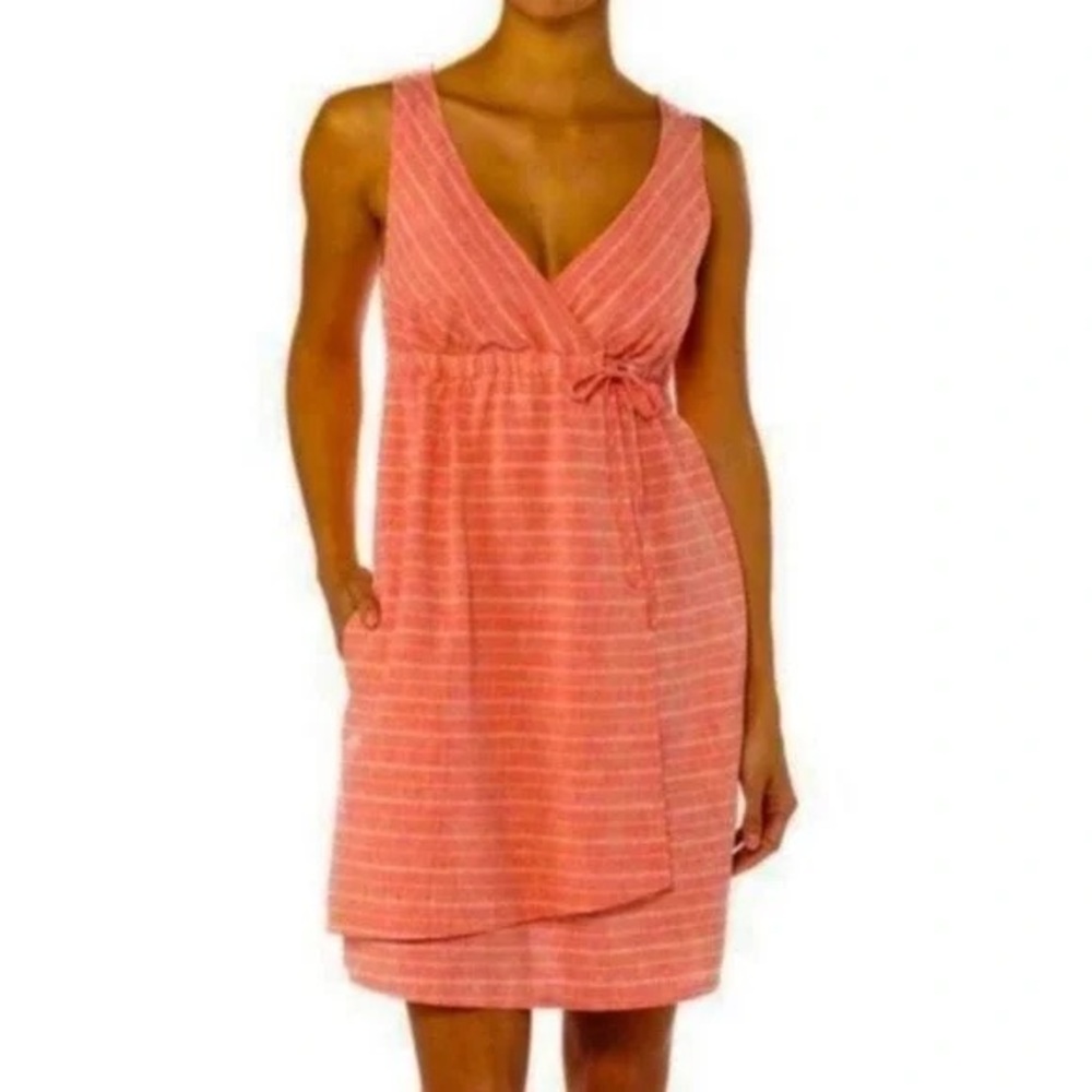 patagonia island hemp crossover dress in peachy orange stripe